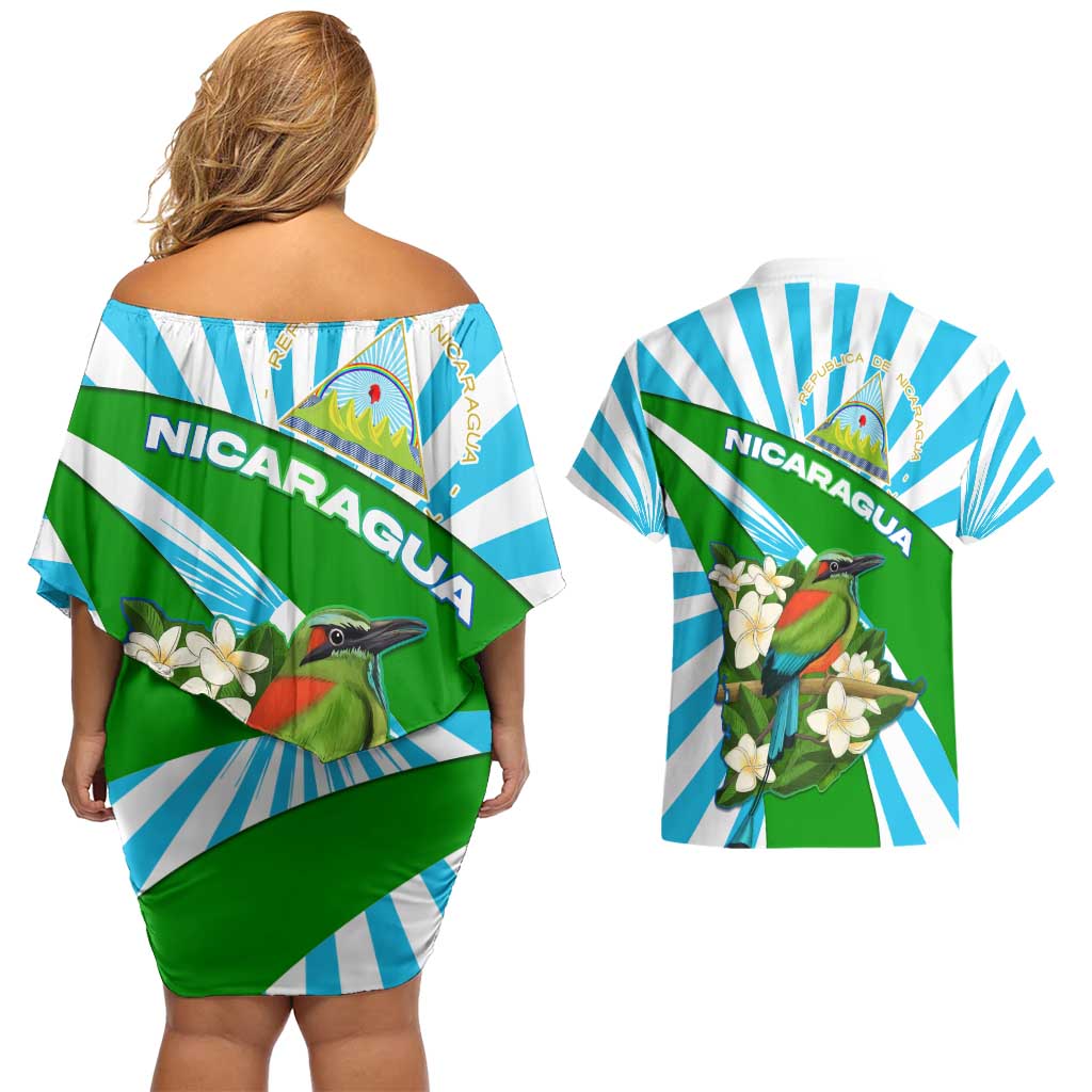 Nicaragua National Bird Couples Matching Off Shoulder Short Dress and Hawaiian Shirt with White Flor de Sacuanjoche and Blue Stripe Design - Wonder Print Shop