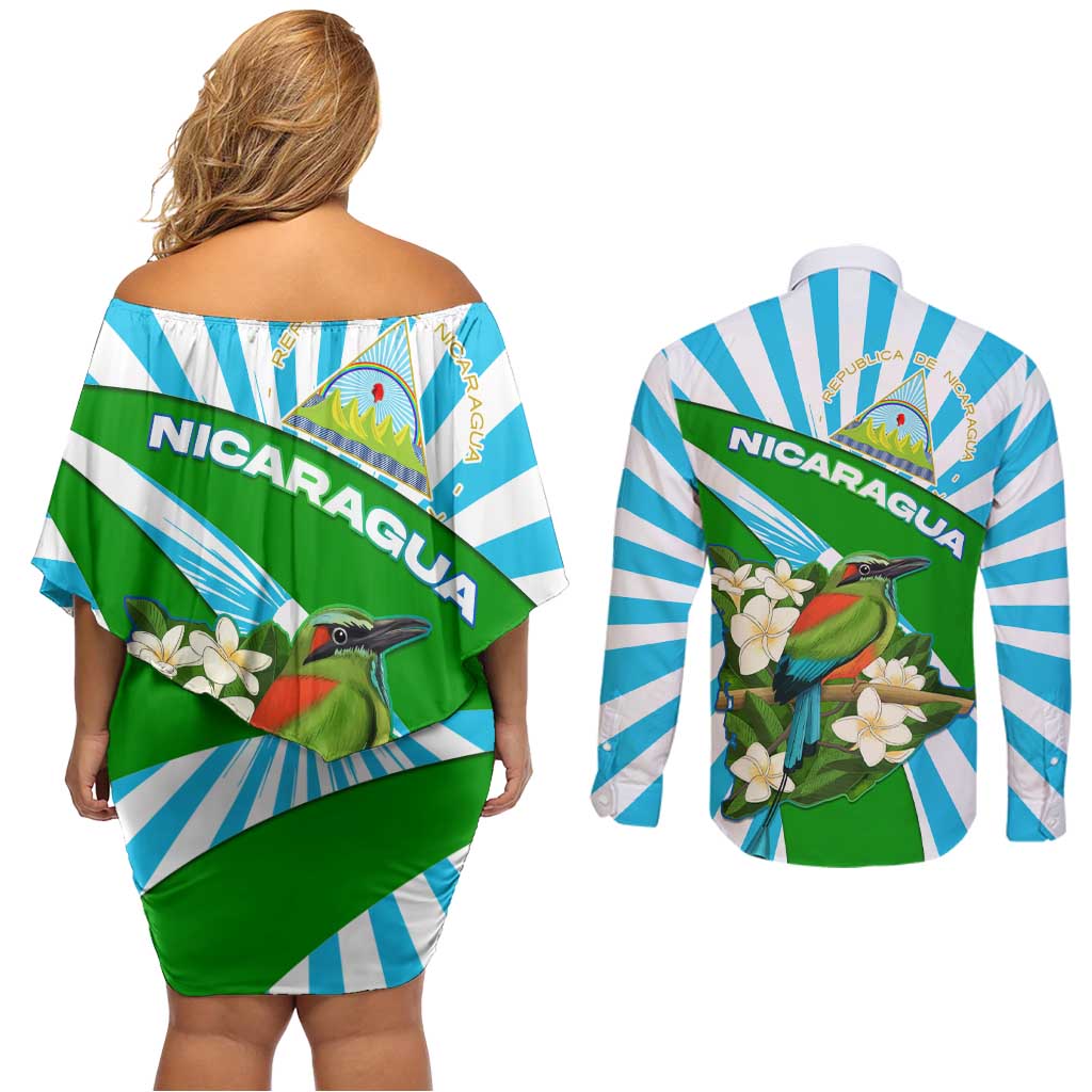 Nicaragua National Bird Couples Matching Off Shoulder Short Dress and Long Sleeve Button Shirt with White Flor de Sacuanjoche and Blue Stripe Design - Wonder Print Shop