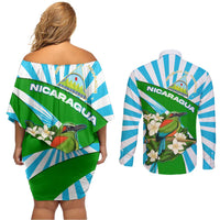 Nicaragua National Bird Couples Matching Off Shoulder Short Dress and Long Sleeve Button Shirt with White Flor de Sacuanjoche and Blue Stripe Design - Wonder Print Shop