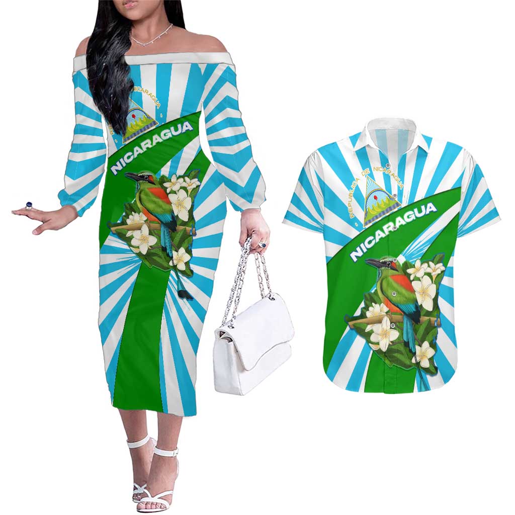 Nicaragua National Bird Couples Matching Off The Shoulder Long Sleeve Dress and Hawaiian Shirt with White Flor de Sacuanjoche and Blue Stripe Design - Wonder Print Shop