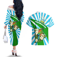 Nicaragua National Bird Couples Matching Off The Shoulder Long Sleeve Dress and Hawaiian Shirt with White Flor de Sacuanjoche and Blue Stripe Design - Wonder Print Shop