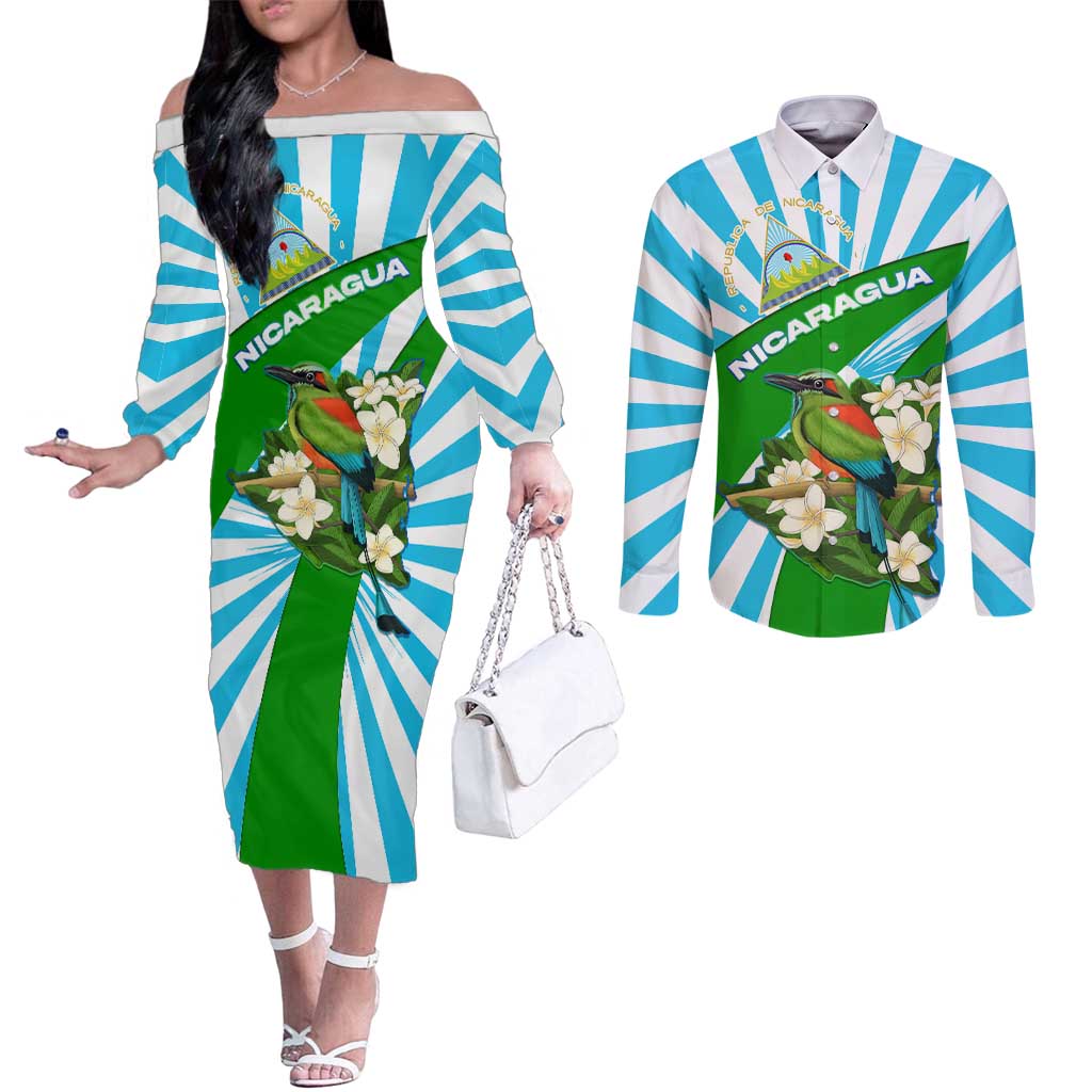 Nicaragua National Bird Couples Matching Off The Shoulder Long Sleeve Dress and Long Sleeve Button Shirt with White Flor de Sacuanjoche and Blue Stripe Design - Wonder Print Shop