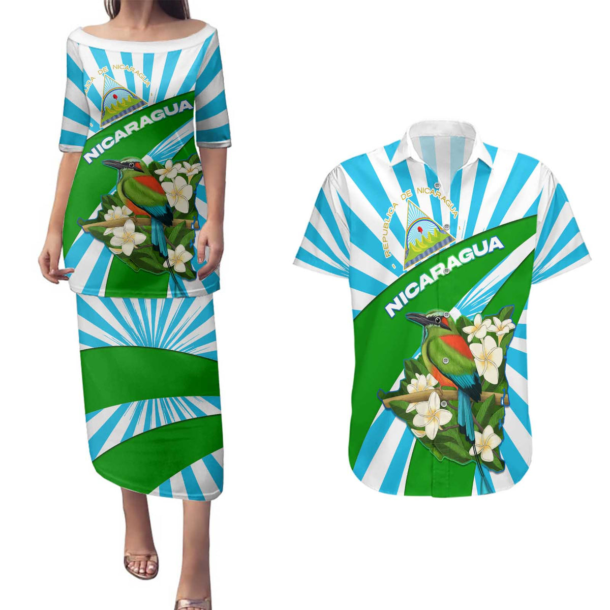 Nicaragua National Bird Couples Matching Puletasi and Hawaiian Shirt with White Flor de Sacuanjoche and Blue Stripe Design - Wonder Print Shop