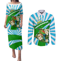 Nicaragua National Bird Couples Matching Puletasi and Long Sleeve Button Shirt with White Flor de Sacuanjoche and Blue Stripe Design - Wonder Print Shop