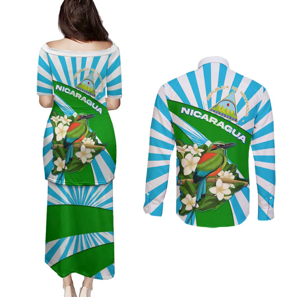 Nicaragua National Bird Couples Matching Puletasi and Long Sleeve Button Shirt with White Flor de Sacuanjoche and Blue Stripe Design - Wonder Print Shop