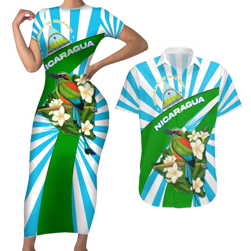Nicaragua National Bird Couples Matching Short Sleeve Bodycon Dress and Hawaiian Shirt with White Flor de Sacuanjoche and Blue Stripe Design - Wonder Print Shop