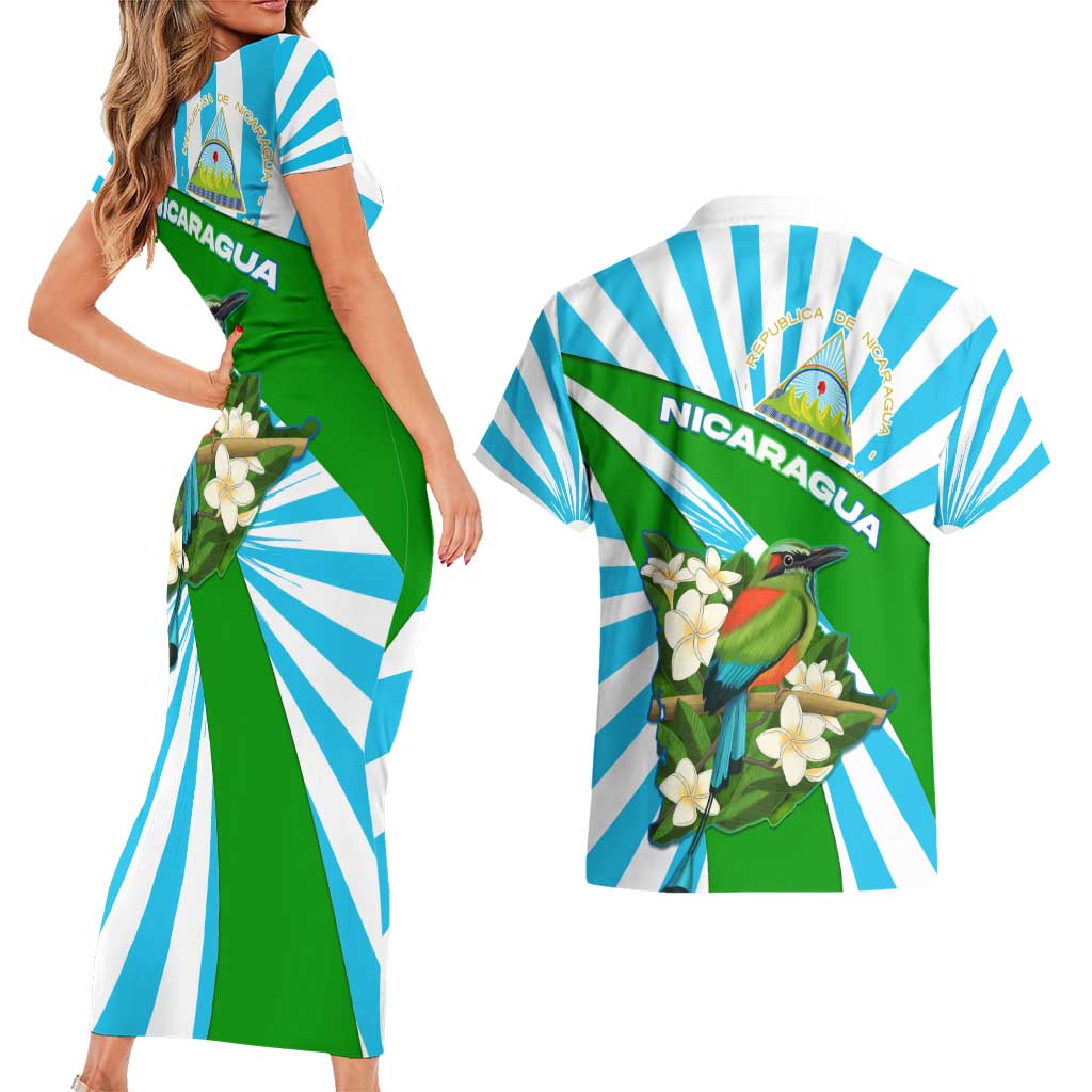 Nicaragua National Bird Couples Matching Short Sleeve Bodycon Dress and Hawaiian Shirt with White Flor de Sacuanjoche and Blue Stripe Design - Wonder Print Shop