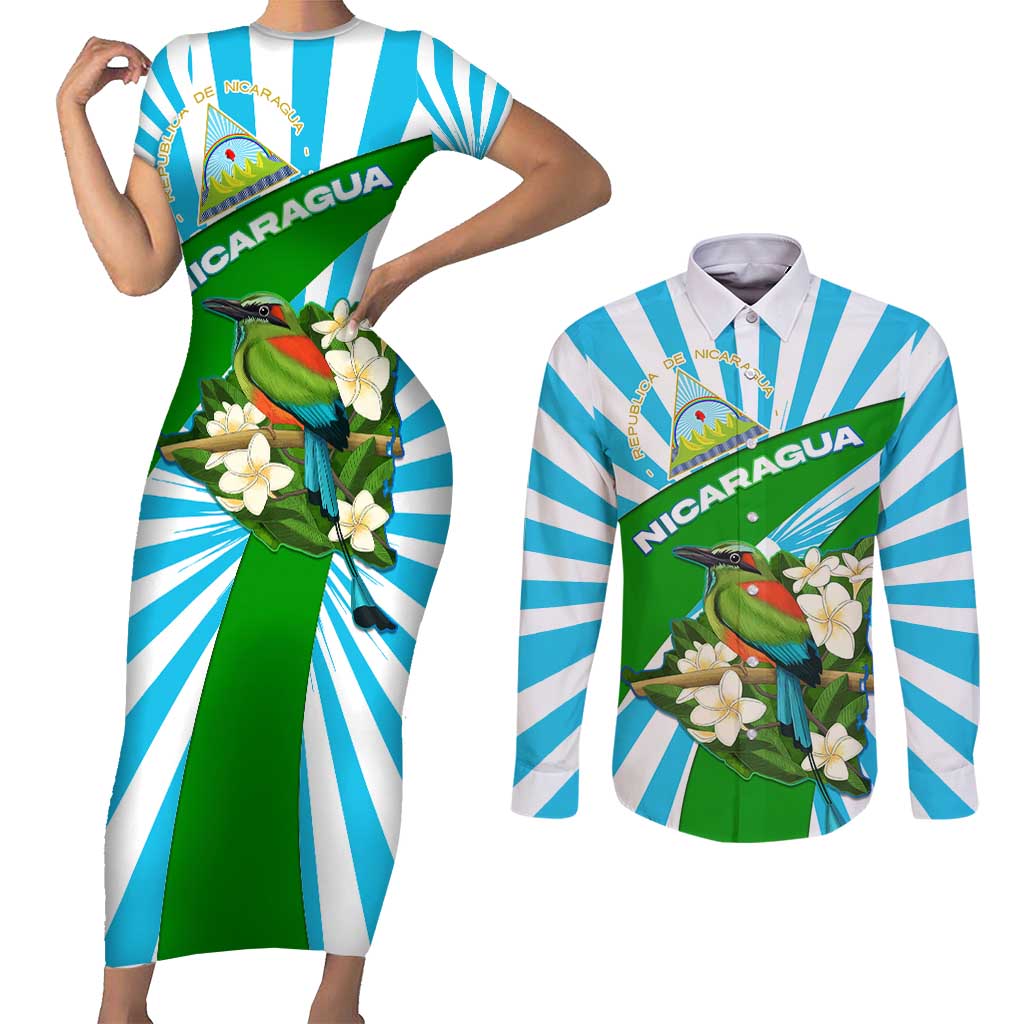Nicaragua National Bird Couples Matching Short Sleeve Bodycon Dress and Long Sleeve Button Shirt with White Flor de Sacuanjoche and Blue Stripe Design - Wonder Print Shop