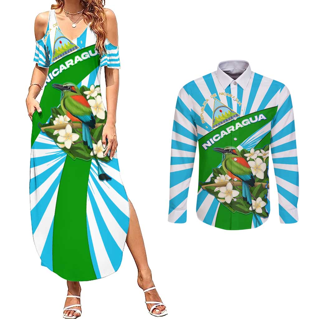 Nicaragua National Bird Couples Matching Summer Maxi Dress and Long Sleeve Button Shirt with White Flor de Sacuanjoche and Blue Stripe Design - Wonder Print Shop