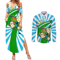Nicaragua National Bird Couples Matching Summer Maxi Dress and Long Sleeve Button Shirt with White Flor de Sacuanjoche and Blue Stripe Design - Wonder Print Shop