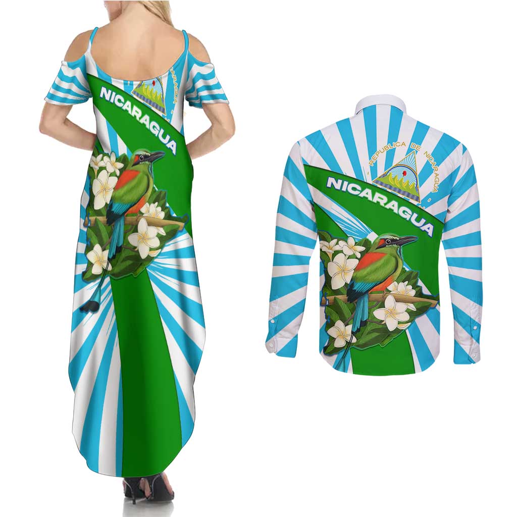Nicaragua National Bird Couples Matching Summer Maxi Dress and Long Sleeve Button Shirt with White Flor de Sacuanjoche and Blue Stripe Design - Wonder Print Shop