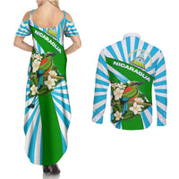 Nicaragua National Bird Couples Matching Summer Maxi Dress and Long Sleeve Button Shirt with White Flor de Sacuanjoche and Blue Stripe Design - Wonder Print Shop