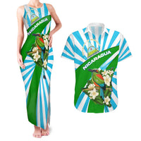 Nicaragua National Bird Couples Matching Tank Maxi Dress and Hawaiian Shirt with White Flor de Sacuanjoche and Blue Stripe Design - Wonder Print Shop