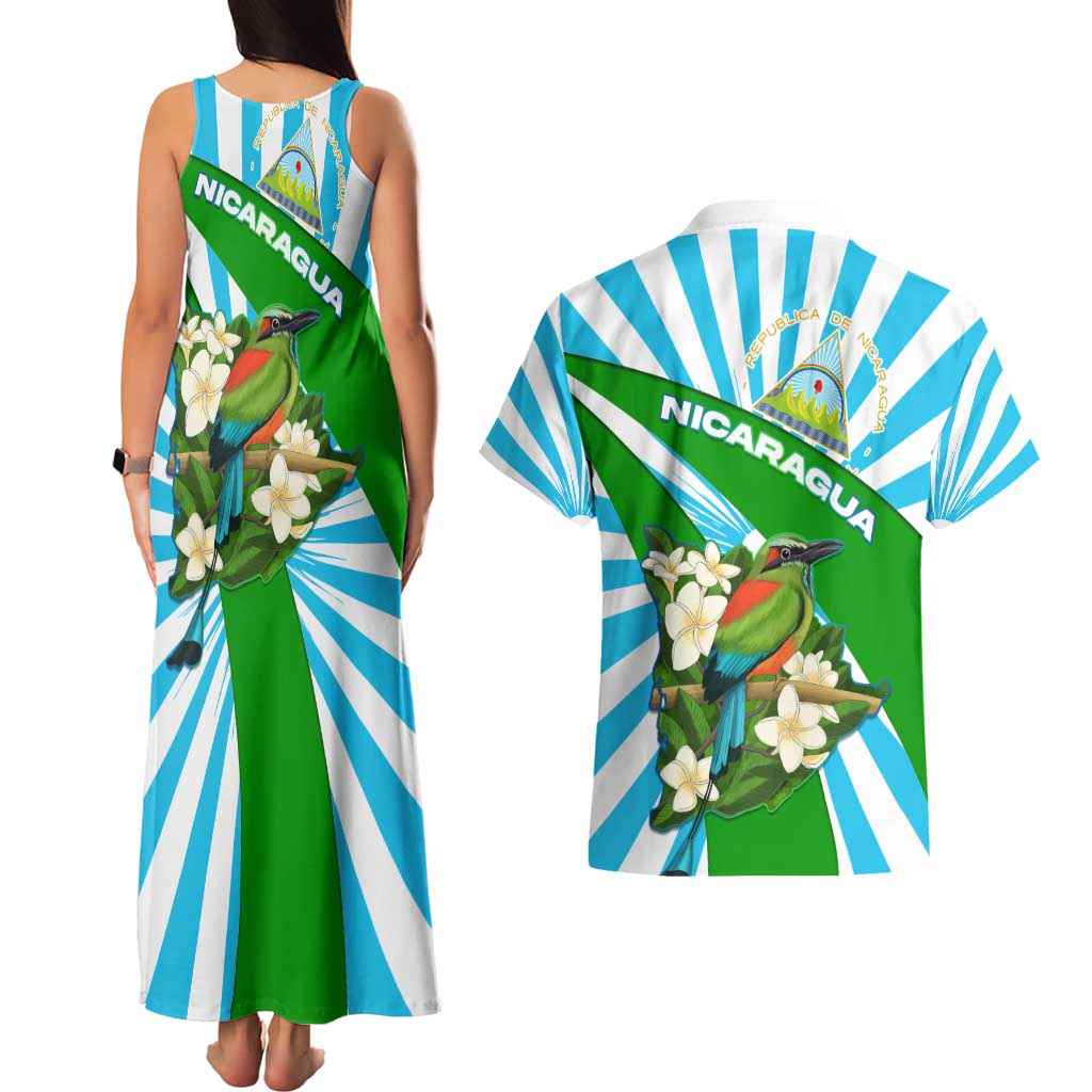 Nicaragua National Bird Couples Matching Tank Maxi Dress and Hawaiian Shirt with White Flor de Sacuanjoche and Blue Stripe Design - Wonder Print Shop