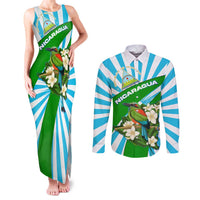 Nicaragua National Bird Couples Matching Tank Maxi Dress and Long Sleeve Button Shirt with White Flor de Sacuanjoche and Blue Stripe Design - Wonder Print Shop