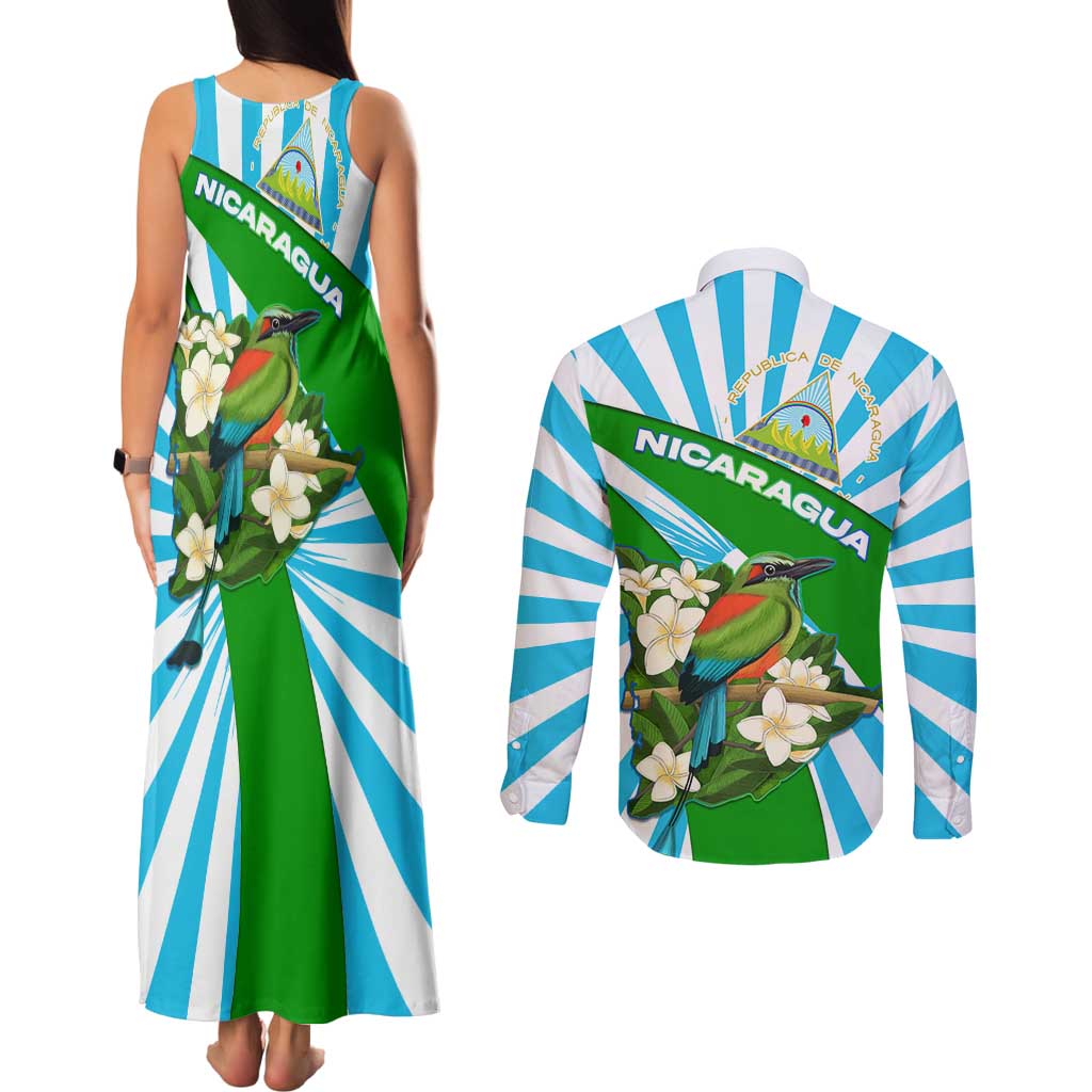 Nicaragua National Bird Couples Matching Tank Maxi Dress and Long Sleeve Button Shirt with White Flor de Sacuanjoche and Blue Stripe Design - Wonder Print Shop