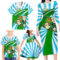 Nicaragua National Bird Family Matching Long Sleeve Bodycon Dress and Hawaiian Shirt with White Flor de Sacuanjoche and Blue Stripe Design - Wonder Print Shop