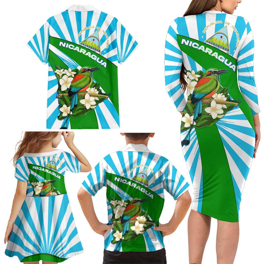Nicaragua National Bird Family Matching Long Sleeve Bodycon Dress and Hawaiian Shirt with White Flor de Sacuanjoche and Blue Stripe Design - Wonder Print Shop