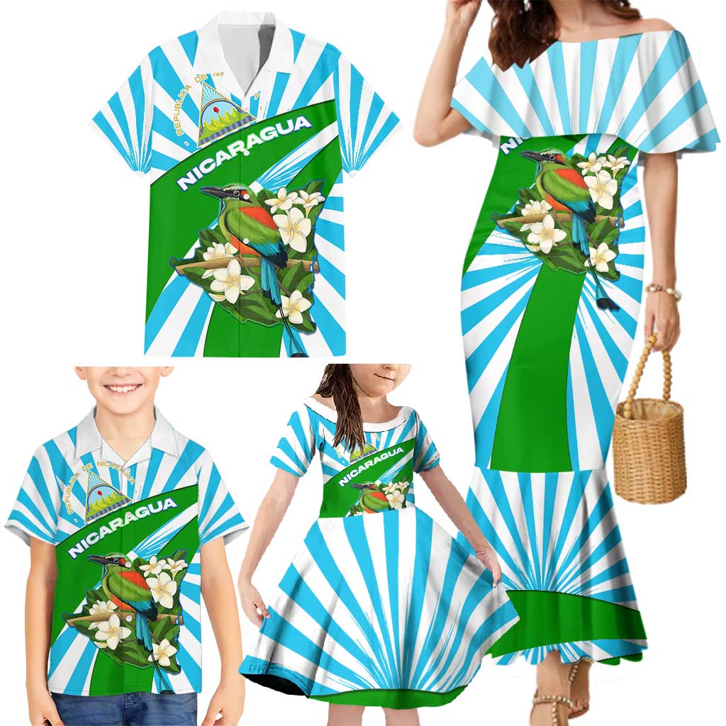 Nicaragua National Bird Family Matching Mermaid Dress and Hawaiian Shirt with White Flor de Sacuanjoche and Blue Stripe Design - Wonder Print Shop