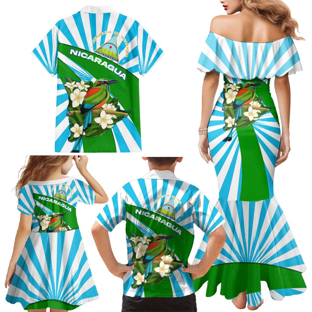 Nicaragua National Bird Family Matching Mermaid Dress and Hawaiian Shirt with White Flor de Sacuanjoche and Blue Stripe Design - Wonder Print Shop