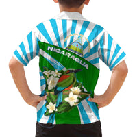 Nicaragua National Bird Family Matching Off The Shoulder Long Sleeve Dress and Hawaiian Shirt with White Flor de Sacuanjoche and Blue Stripe Design - Wonder Print Shop