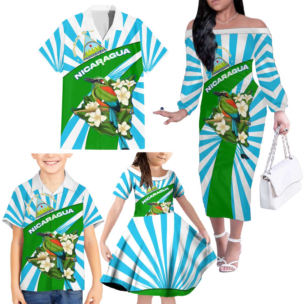 Nicaragua National Bird Family Matching Off The Shoulder Long Sleeve Dress and Hawaiian Shirt with White Flor de Sacuanjoche and Blue Stripe Design - Wonder Print Shop