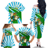 Nicaragua National Bird Family Matching Off The Shoulder Long Sleeve Dress and Hawaiian Shirt with White Flor de Sacuanjoche and Blue Stripe Design - Wonder Print Shop