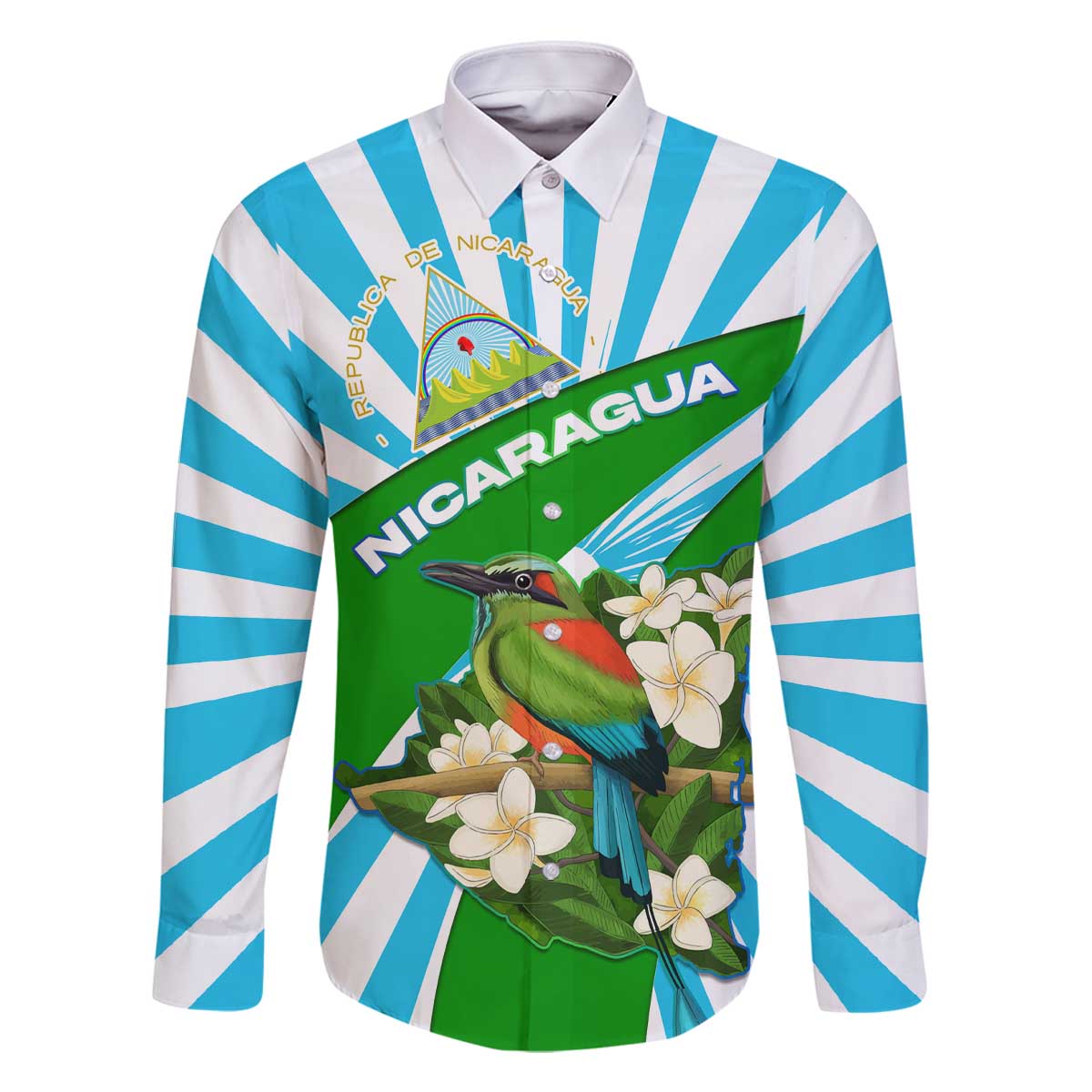 Nicaragua National Bird Family Matching Off The Shoulder Long Sleeve Dress and Hawaiian Shirt with White Flor de Sacuanjoche and Blue Stripe Design - Wonder Print Shop