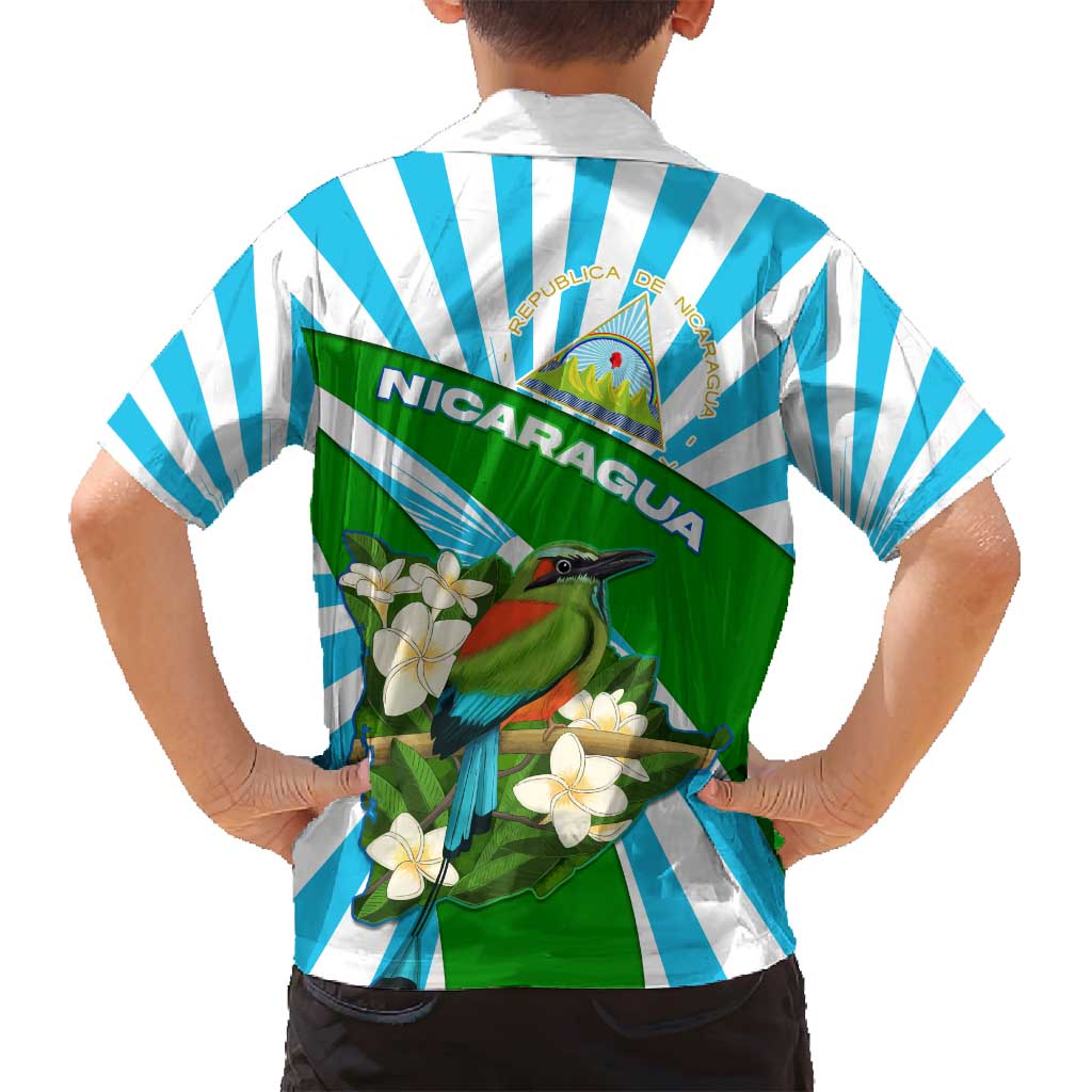 Nicaragua National Bird Family Matching Off Shoulder Maxi Dress and Hawaiian Shirt with White Flor de Sacuanjoche and Blue Stripe Design - Wonder Print Shop