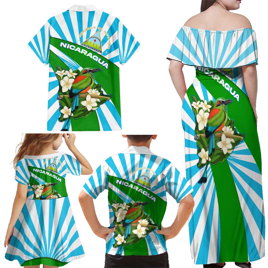 Nicaragua National Bird Family Matching Off Shoulder Maxi Dress and Hawaiian Shirt with White Flor de Sacuanjoche and Blue Stripe Design - Wonder Print Shop