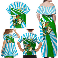 Nicaragua National Bird Family Matching Off Shoulder Maxi Dress and Hawaiian Shirt with White Flor de Sacuanjoche and Blue Stripe Design - Wonder Print Shop