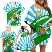 Nicaragua National Bird Family Matching Off Shoulder Short Dress and Hawaiian Shirt with White Flor de Sacuanjoche and Blue Stripe Design - Wonder Print Shop