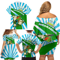 Nicaragua National Bird Family Matching Off Shoulder Short Dress and Hawaiian Shirt with White Flor de Sacuanjoche and Blue Stripe Design - Wonder Print Shop