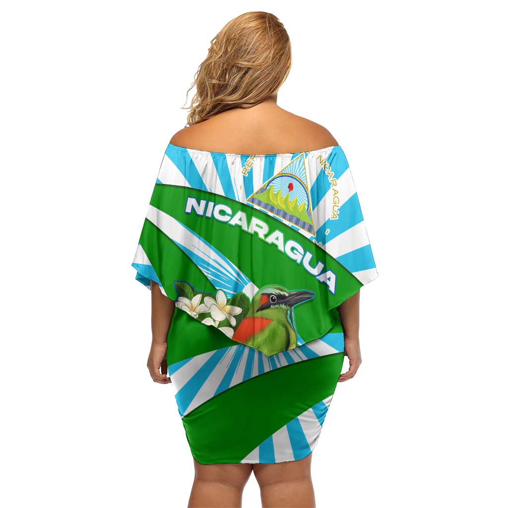 Nicaragua National Bird Family Matching Off Shoulder Short Dress and Hawaiian Shirt with White Flor de Sacuanjoche and Blue Stripe Design - Wonder Print Shop