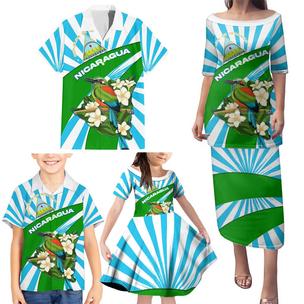Nicaragua National Bird Family Matching Puletasi and Hawaiian Shirt with White Flor de Sacuanjoche and Blue Stripe Design - Wonder Print Shop