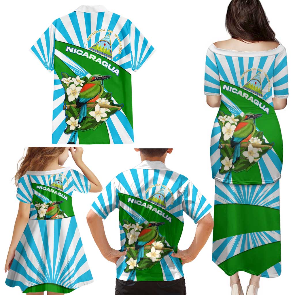 Nicaragua National Bird Family Matching Puletasi and Hawaiian Shirt with White Flor de Sacuanjoche and Blue Stripe Design - Wonder Print Shop