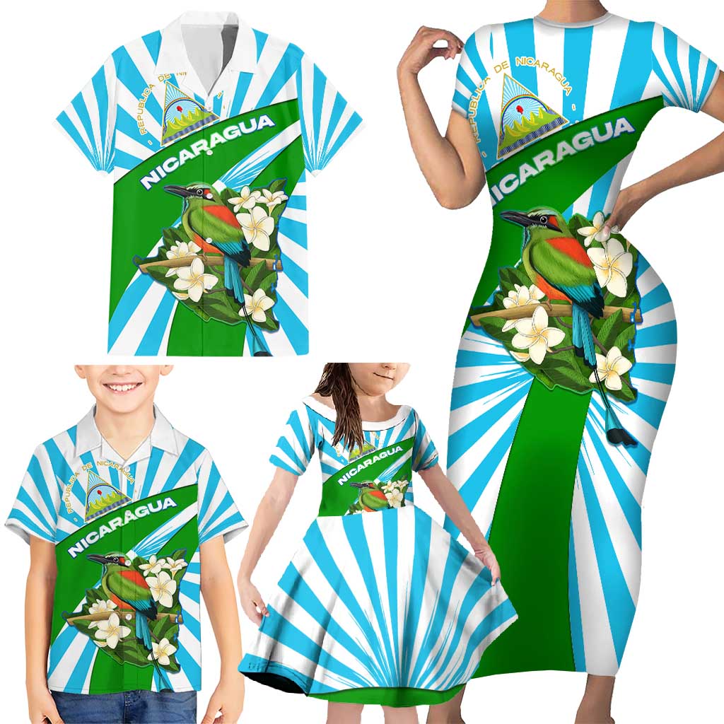 Nicaragua National Bird Family Matching Short Sleeve Bodycon Dress and Hawaiian Shirt with White Flor de Sacuanjoche and Blue Stripe Design - Wonder Print Shop