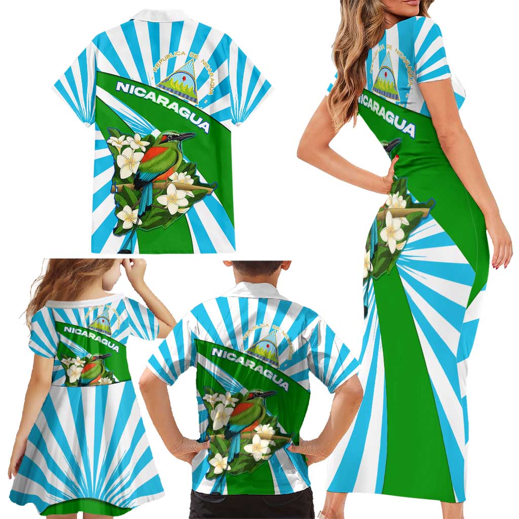 Nicaragua National Bird Family Matching Short Sleeve Bodycon Dress and Hawaiian Shirt with White Flor de Sacuanjoche and Blue Stripe Design - Wonder Print Shop