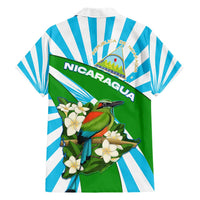 Nicaragua National Bird Family Matching Short Sleeve Bodycon Dress and Hawaiian Shirt with White Flor de Sacuanjoche and Blue Stripe Design - Wonder Print Shop