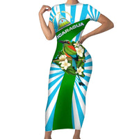 Nicaragua National Bird Family Matching Short Sleeve Bodycon Dress and Hawaiian Shirt with White Flor de Sacuanjoche and Blue Stripe Design - Wonder Print Shop