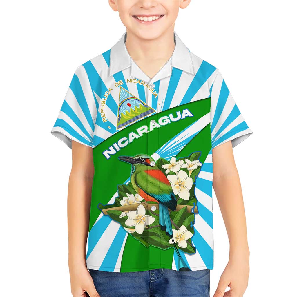 Nicaragua National Bird Family Matching Short Sleeve Bodycon Dress and Hawaiian Shirt with White Flor de Sacuanjoche and Blue Stripe Design - Wonder Print Shop
