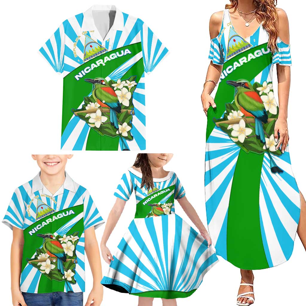 Nicaragua National Bird Family Matching Summer Maxi Dress and Hawaiian Shirt with White Flor de Sacuanjoche and Blue Stripe Design - Wonder Print Shop