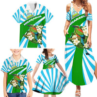 Nicaragua National Bird Family Matching Summer Maxi Dress and Hawaiian Shirt with White Flor de Sacuanjoche and Blue Stripe Design - Wonder Print Shop