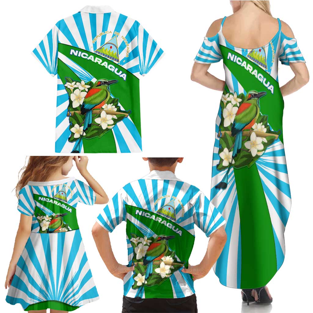 Nicaragua National Bird Family Matching Summer Maxi Dress and Hawaiian Shirt with White Flor de Sacuanjoche and Blue Stripe Design - Wonder Print Shop