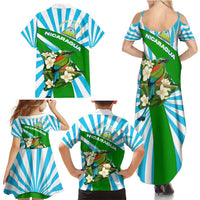 Nicaragua National Bird Family Matching Summer Maxi Dress and Hawaiian Shirt with White Flor de Sacuanjoche and Blue Stripe Design - Wonder Print Shop