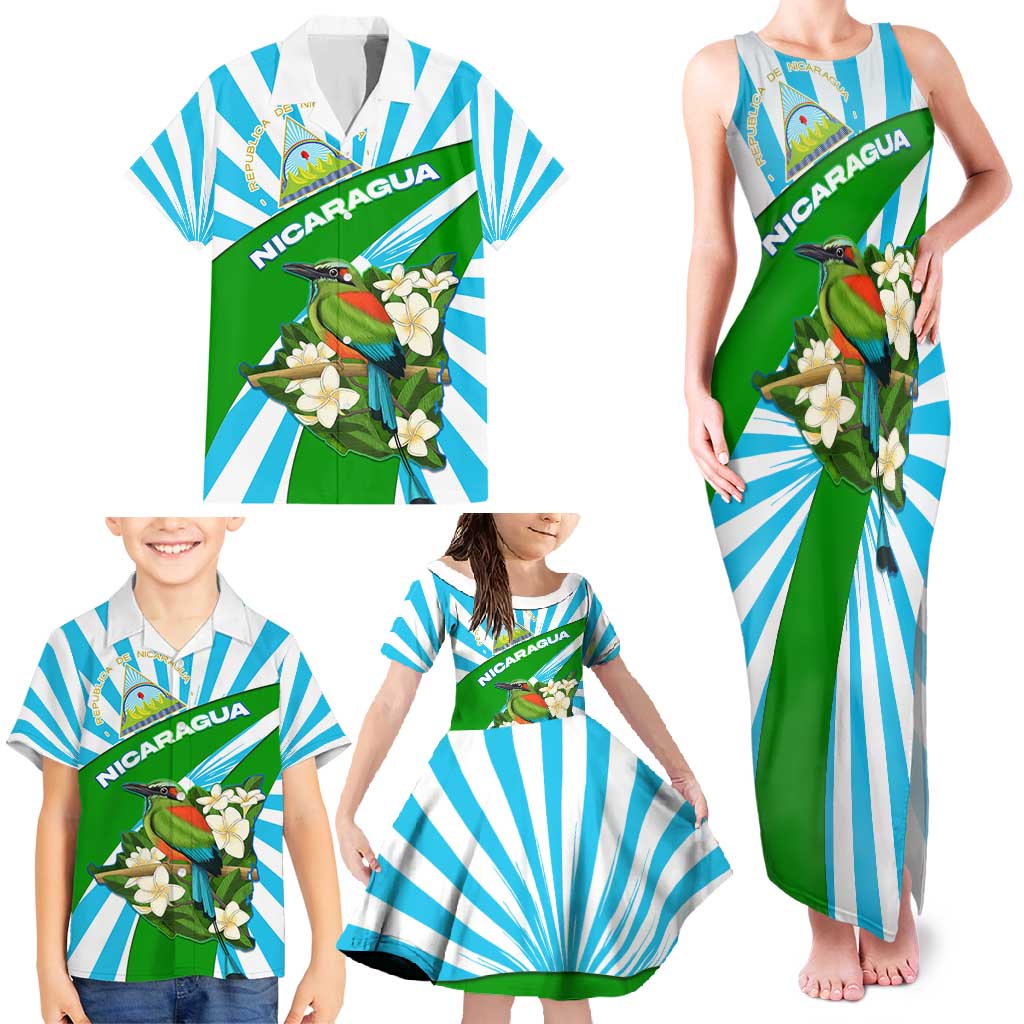 Nicaragua National Bird Family Matching Tank Maxi Dress and Hawaiian Shirt with White Flor de Sacuanjoche and Blue Stripe Design - Wonder Print Shop