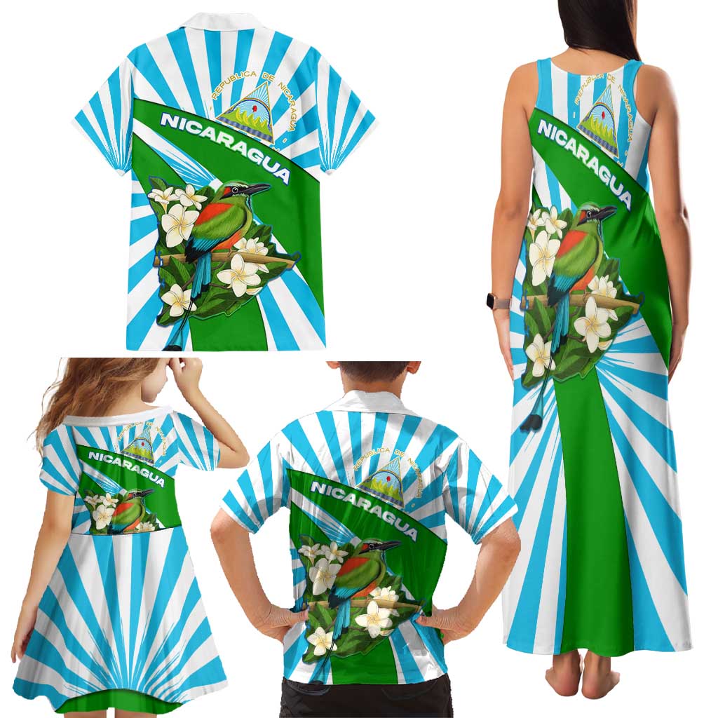 Nicaragua National Bird Family Matching Tank Maxi Dress and Hawaiian Shirt with White Flor de Sacuanjoche and Blue Stripe Design - Wonder Print Shop