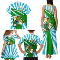 Nicaragua National Bird Family Matching Tank Maxi Dress and Hawaiian Shirt with White Flor de Sacuanjoche and Blue Stripe Design - Wonder Print Shop