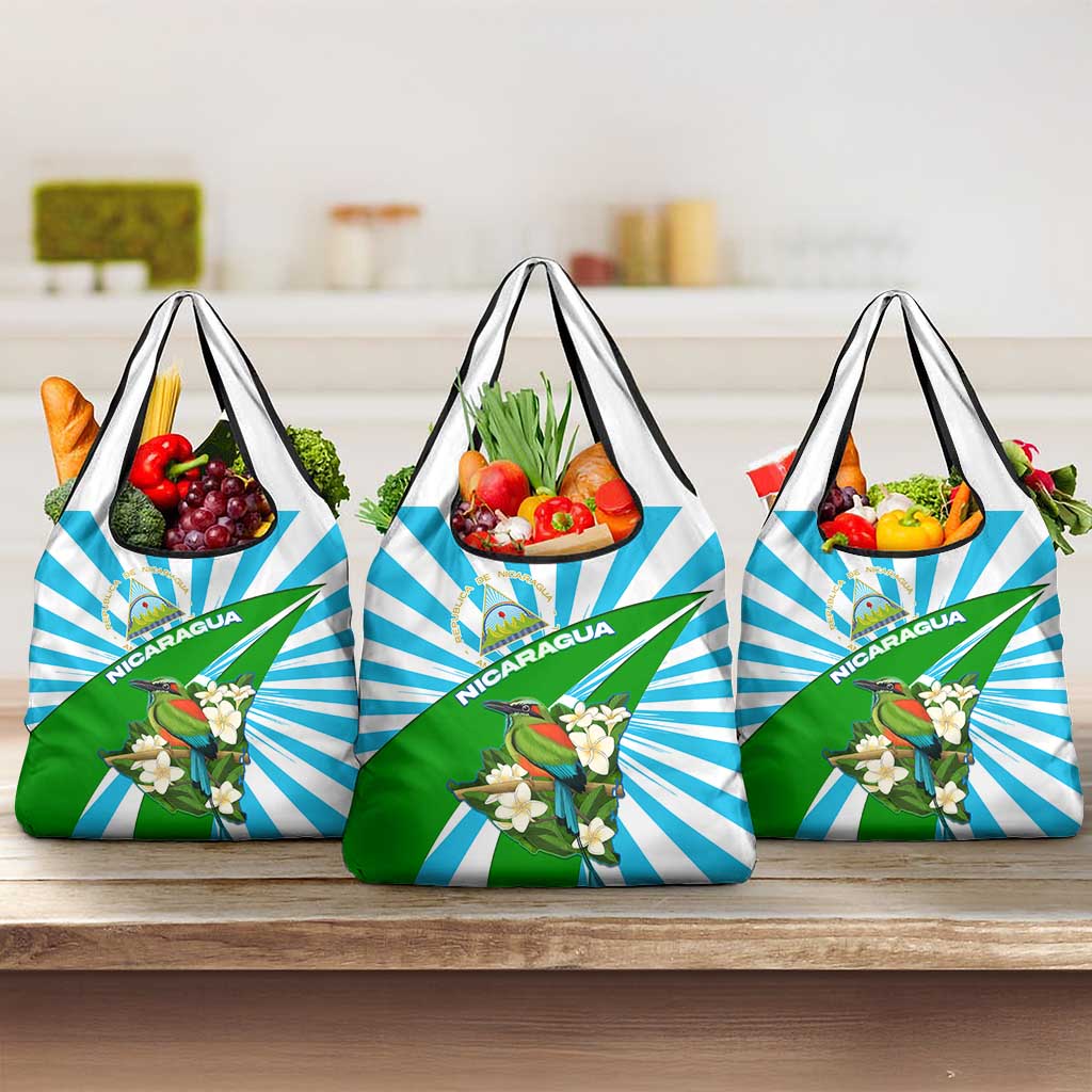 Nicaragua National Bird Grocery Bag with White Flor de Sacuanjoche and Blue Stripe Design - Wonder Print Shop