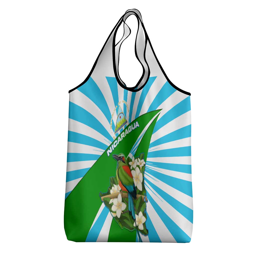 Nicaragua National Bird Grocery Bag with White Flor de Sacuanjoche and Blue Stripe Design - Wonder Print Shop
